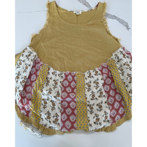 Umgee Tops - Umgee Mustard Yellow Patchwork Floral Boho Linen Blend Tank Top Small